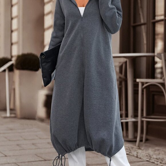 Dark Grey Casual Womens Drop Shoulder Drawstring Hem Zip Up Hoodie - Picture 6 of 7